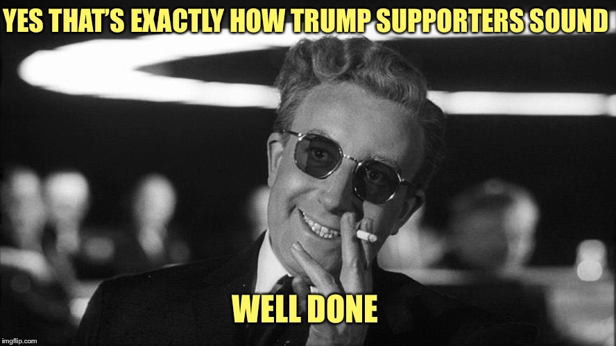 Doctor Strangelove says... | YES THAT’S EXACTLY HOW TRUMP SUPPORTERS SOUND WELL DONE | image tagged in doctor strangelove says | made w/ Imgflip meme maker