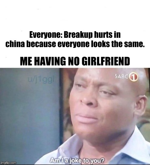 am I a joke to you | Everyone: Breakup hurts in china because everyone looks the same. ME HAVING NO GIRLFRIEND | image tagged in am i a joke to you | made w/ Imgflip meme maker