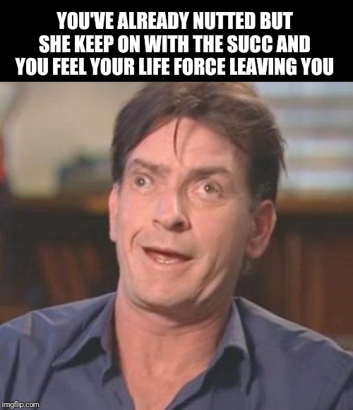 Charlie Sheen DERP | YOU'VE ALREADY NUTTED BUT SHE KEEP ON WITH THE SUCC AND YOU FEEL YOUR LIFE FORCE LEAVING YOU | image tagged in charlie sheen derp | made w/ Imgflip meme maker