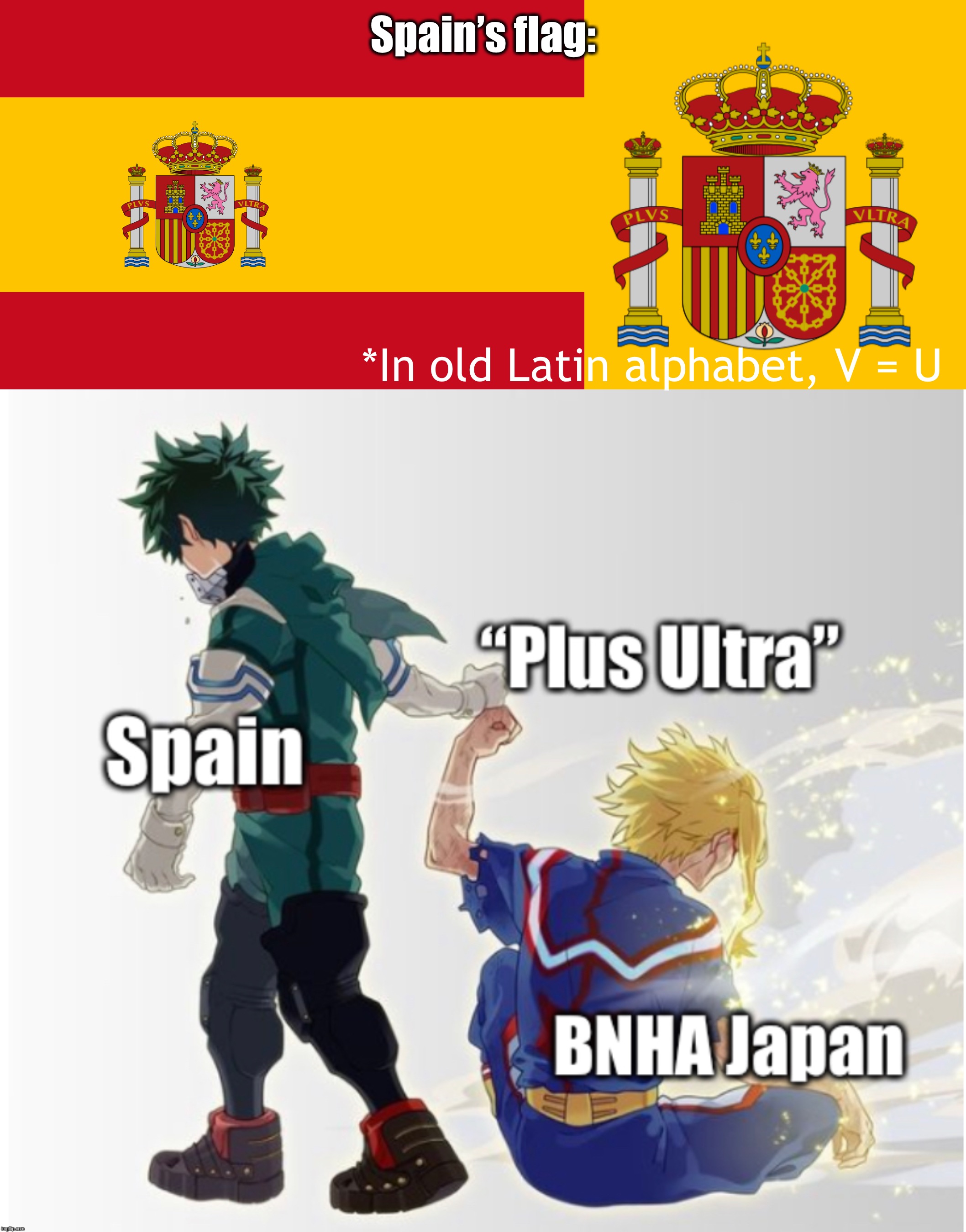 Ah yes, typical Japanese culture stealing | Spain’s flag:; *In old Latin alphabet, V = U | image tagged in my hero academia,memes,flags | made w/ Imgflip meme maker
