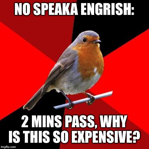 Retail Robin | NO SPEAKA ENGRISH:; 2 MINS PASS, WHY IS THIS SO EXPENSIVE? | image tagged in retail robin | made w/ Imgflip meme maker