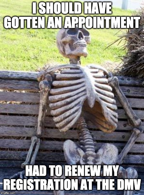 Waiting Skeleton Meme | I SHOULD HAVE GOTTEN AN APPOINTMENT; HAD TO RENEW MY REGISTRATION AT THE DMV | image tagged in memes,waiting skeleton | made w/ Imgflip meme maker