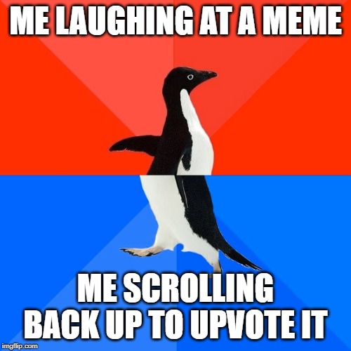 Socially Awesome Awkward Penguin Meme | ME LAUGHING AT A MEME; ME SCROLLING BACK UP TO UPVOTE IT | image tagged in memes,socially awesome awkward penguin | made w/ Imgflip meme maker