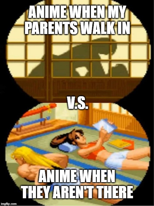 Anime when parents walk in | ANIME WHEN MY PARENTS WALK IN; V.S. ANIME WHEN THEY AREN'T THERE | image tagged in anime,parents,vs | made w/ Imgflip meme maker