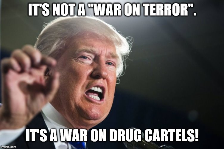 donald trump | IT'S NOT A "WAR ON TERROR". IT'S A WAR ON DRUG CARTELS! | image tagged in donald trump | made w/ Imgflip meme maker