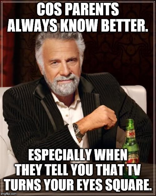 The Most Interesting Man In The World Meme | COS PARENTS ALWAYS KNOW BETTER. ESPECIALLY WHEN THEY TELL YOU THAT TV TURNS YOUR EYES SQUARE. | image tagged in memes,the most interesting man in the world | made w/ Imgflip meme maker