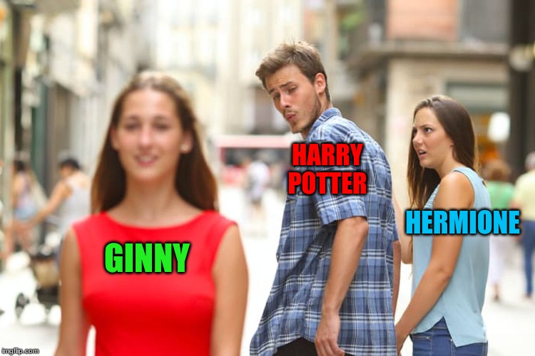 Distracted Boyfriend Meme | HARRY POTTER; HERMIONE; GINNY | image tagged in memes,distracted boyfriend | made w/ Imgflip meme maker