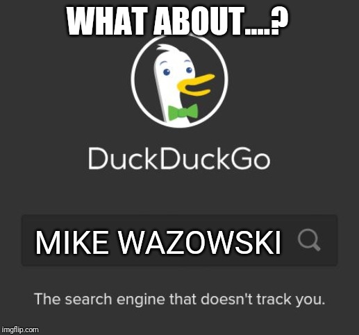 DuckDuckGo | WHAT ABOUT....? MIKE WAZOWSKI | image tagged in duckduckgo | made w/ Imgflip meme maker