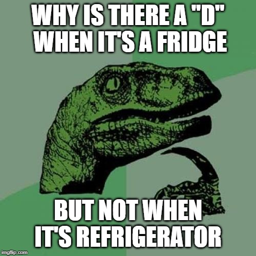 Philosoraptor | WHY IS THERE A "D"
 WHEN IT'S A FRIDGE; BUT NOT WHEN IT'S REFRIGERATOR | image tagged in memes,philosoraptor | made w/ Imgflip meme maker