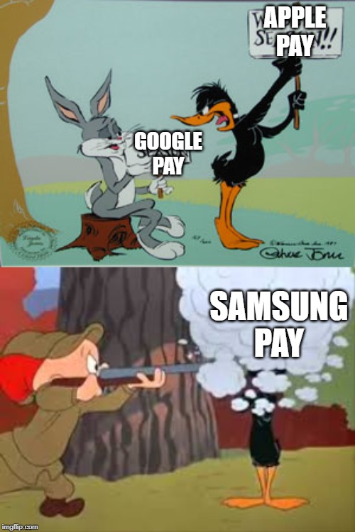 APPLE PAY; GOOGLE PAY; SAMSUNG PAY | image tagged in duck season | made w/ Imgflip meme maker