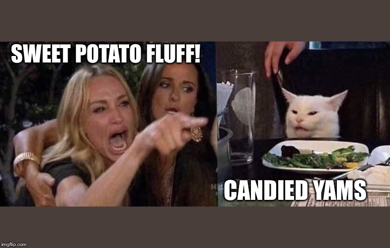 woman yelling at cat | SWEET POTATO FLUFF! CANDIED YAMS | image tagged in woman yelling at cat | made w/ Imgflip meme maker