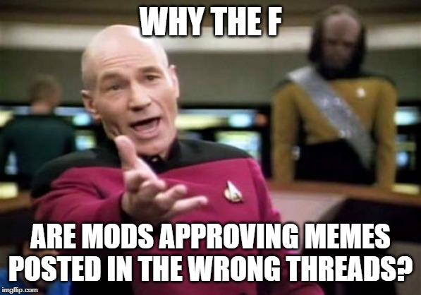 Hello?? | WHY THE F; ARE MODS APPROVING MEMES POSTED IN THE WRONG THREADS? | image tagged in memes,picard wtf | made w/ Imgflip meme maker