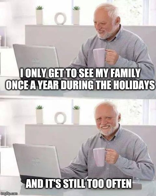 Hide the Pain Harold Meme | I ONLY GET TO SEE MY FAMILY ONCE A YEAR DURING THE HOLIDAYS; AND IT'S STILL TOO OFTEN | image tagged in memes,hide the pain harold | made w/ Imgflip meme maker