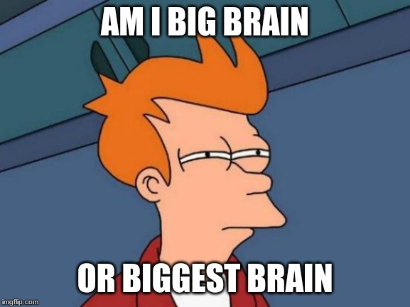 Futurama Fry Meme | AM I BIG BRAIN OR BIGGEST BRAIN | image tagged in memes,futurama fry | made w/ Imgflip meme maker