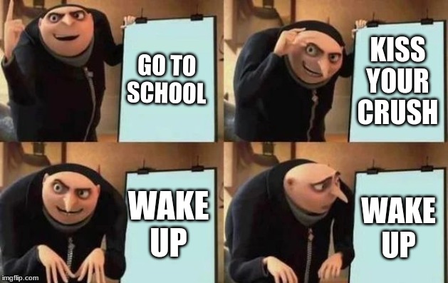 Gru's Plan Meme | GO TO SCHOOL; KISS YOUR CRUSH; WAKE UP; WAKE UP | image tagged in gru's plan | made w/ Imgflip meme maker