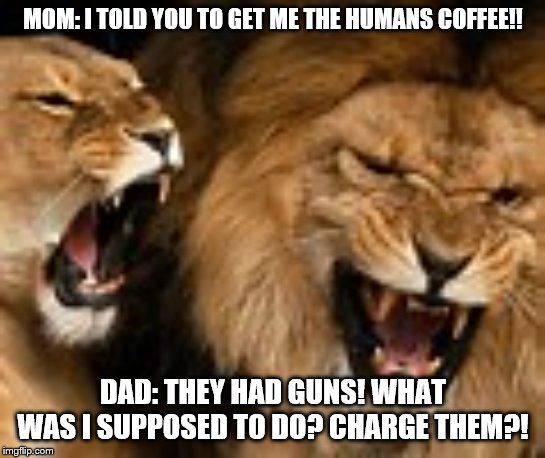 I told you! | MOM: I TOLD YOU TO GET ME THE HUMANS COFFEE!! DAD: THEY HAD GUNS! WHAT WAS I SUPPOSED TO DO? CHARGE THEM?! | image tagged in i told you | made w/ Imgflip meme maker
