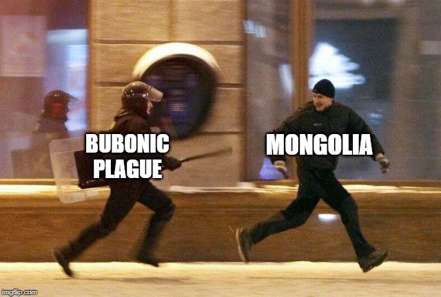 Police Chasing Guy | BUBONIC PLAGUE MONGOLIA | image tagged in police chasing guy | made w/ Imgflip meme maker