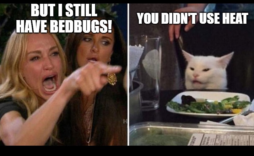 Bedbug argument | BUT I STILL HAVE BEDBUGS! YOU DIDN'T USE HEAT | image tagged in woman and cat meme,heat,bedbugs,argument,smartass | made w/ Imgflip meme maker