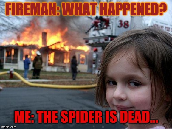 Disaster Girl Meme | FIREMAN: WHAT HAPPENED? ME: THE SPIDER IS DEAD... | image tagged in memes,disaster girl | made w/ Imgflip meme maker
