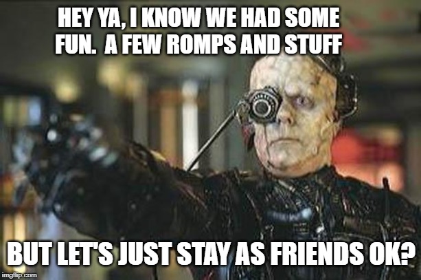 Borg | HEY YA, I KNOW WE HAD SOME FUN.  A FEW ROMPS AND STUFF BUT LET'S JUST STAY AS FRIENDS OK? | image tagged in borg | made w/ Imgflip meme maker