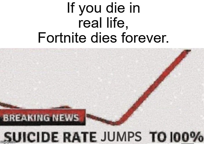 die | If you die in real life, Fortnite dies forever. | image tagged in suicide rate 100,funny,memes,breaking news | made w/ Imgflip meme maker