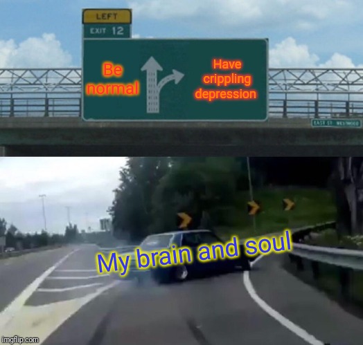Left Exit 12 Off Ramp Meme | Be normal; Have crippling depression; My brain and soul | image tagged in memes,left exit 12 off ramp | made w/ Imgflip meme maker