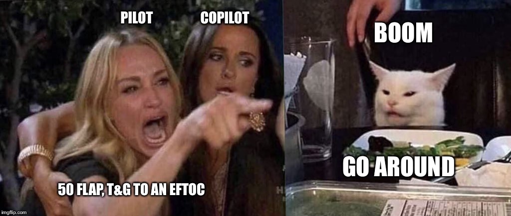 woman yelling at cat | BOOM; PILOT                  COPILOT; GO AROUND; 50 FLAP, T&G TO AN EFTOC | image tagged in woman yelling at cat | made w/ Imgflip meme maker