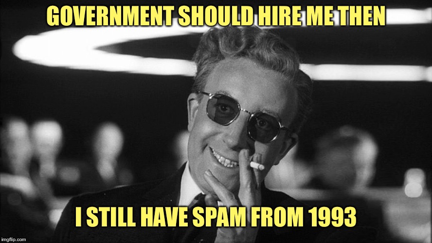 Doctor Strangelove says... | GOVERNMENT SHOULD HIRE ME THEN I STILL HAVE SPAM FROM 1993 | image tagged in doctor strangelove says | made w/ Imgflip meme maker