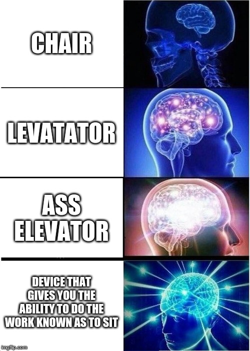Expanding Brain Meme | CHAIR; LEVATATOR; ASS ELEVATOR; DEVICE THAT GIVES YOU THE ABILITY TO DO THE WORK KNOWN AS TO SIT | image tagged in memes,expanding brain | made w/ Imgflip meme maker