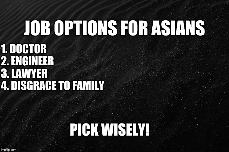 How life be for Asians | JOB OPTIONS FOR ASIANS; 1. DOCTOR 
2. ENGINEER 
3. LAWYER
4. DISGRACE TO FAMILY; PICK WISELY! | image tagged in asians | made w/ Imgflip meme maker