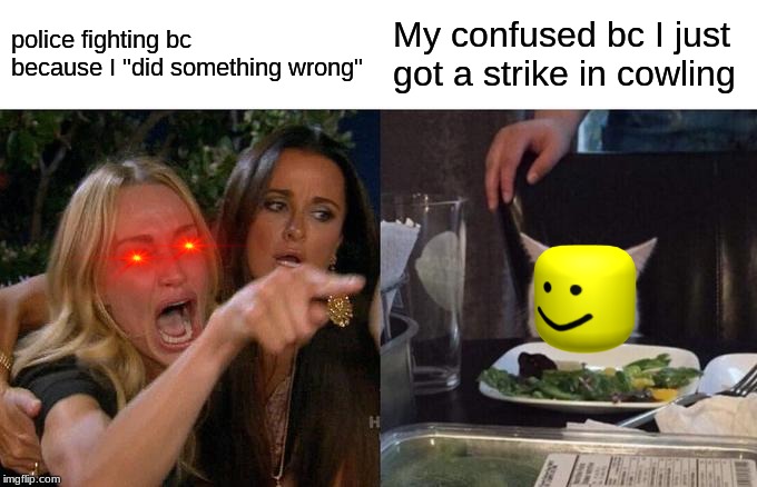 Woman Yelling At Cat Meme | police fighting bc because I "did something wrong"; My confused bc I just got a strike in cowling | image tagged in memes,woman yelling at cat | made w/ Imgflip meme maker