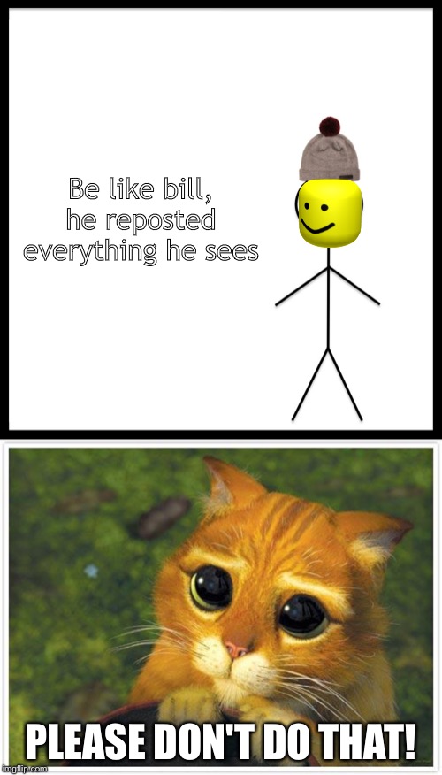 Be like bill, he reposted everything he sees; PLEASE DON'T DO THAT! | image tagged in memes,shrek cat,be like bill | made w/ Imgflip meme maker