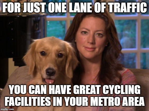 Sarah McLachlan | FOR JUST ONE LANE OF TRAFFIC; YOU CAN HAVE GREAT CYCLING FACILITIES IN YOUR METRO AREA | image tagged in sarah mclachlan,PlanningMemes | made w/ Imgflip meme maker