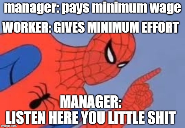 Spiderman pointing | manager: pays minimum wage; WORKER: GIVES MINIMUM EFFORT; MANAGER:
LISTEN HERE YOU LITTLE SHIT | image tagged in spiderman pointing | made w/ Imgflip meme maker