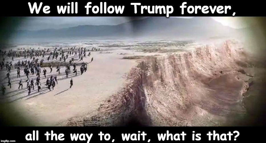Even lemmings have a choice. | We will follow Trump forever, all the way to, wait, what is that? | image tagged in republican lemmings approach a cliff,trump,cult,cliff,destruction,oblivion | made w/ Imgflip meme maker