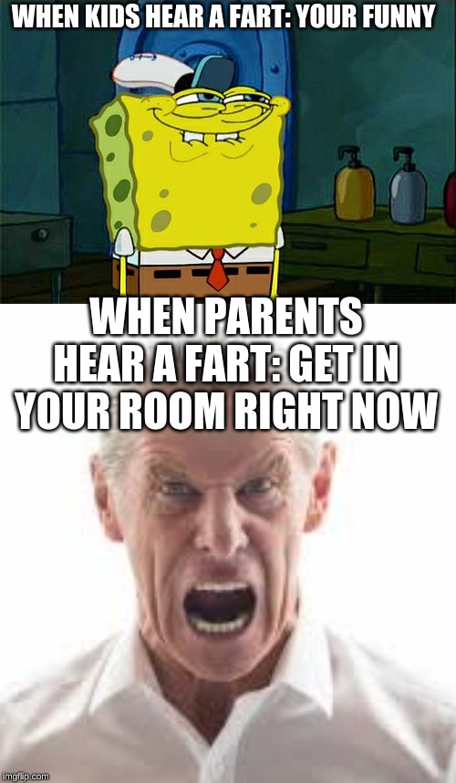 WHEN KIDS HEAR A FART: YOUR FUNNY; WHEN PARENTS HEAR A FART: GET IN YOUR ROOM RIGHT NOW | image tagged in memes,dont you squidward | made w/ Imgflip meme maker