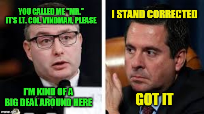 Watch Your Language | I STAND CORRECTED; YOU CALLED ME "MR." IT'S LT. COL. VINDMAN, PLEASE; I'M KIND OF A BIG DEAL AROUND HERE; GOT IT | image tagged in devin nunes,impeachment hearings,president trump | made w/ Imgflip meme maker