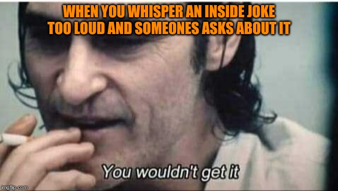 nobodys going to get this | WHEN YOU WHISPER AN INSIDE JOKE TOO LOUD AND SOMEONES ASKS ABOUT IT | image tagged in you wouldn't get it | made w/ Imgflip meme maker