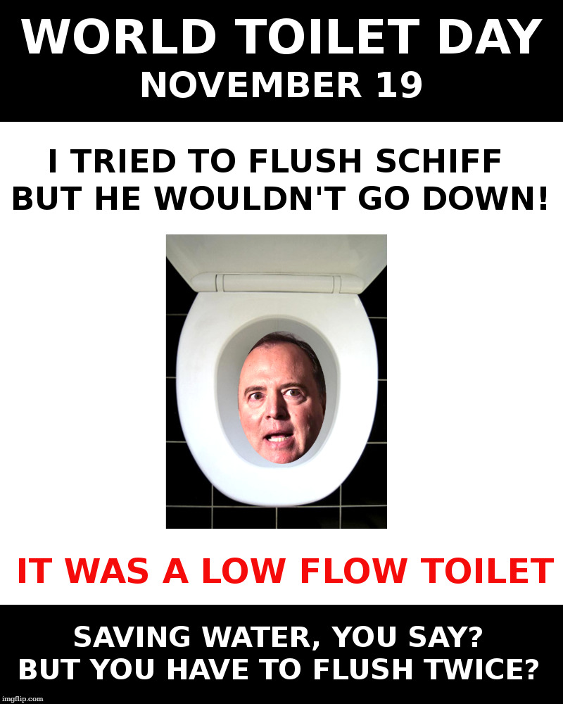 World Toilet Day - November 19 | image tagged in adam schiff,toilet,impeachment,money down toilet,democrats,trump | made w/ Imgflip meme maker