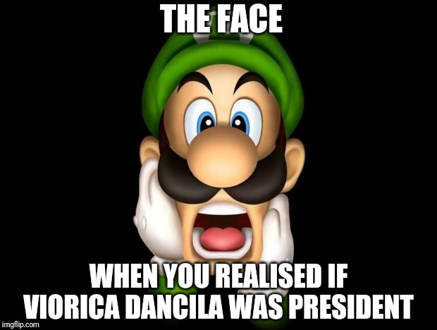 YAAAAAAAAAAGHL!!! | THE FACE; WHEN YOU REALISED IF VIORICA DANCILA WAS PRESIDENT | image tagged in memes,funny,romania,luigi,viorica dancila,president | made w/ Imgflip meme maker