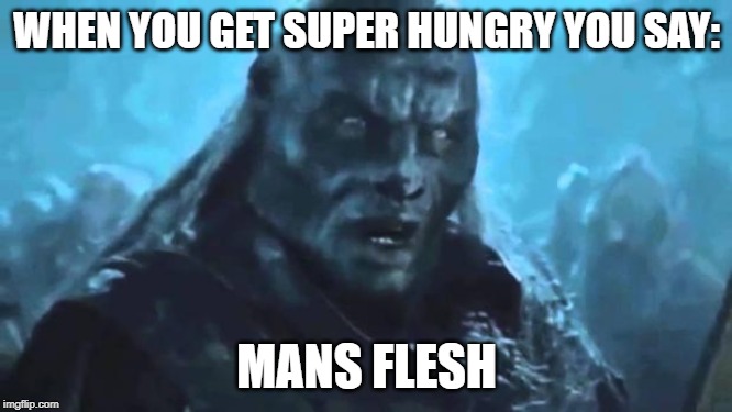Lord of the Rings Meat's back on the menu | WHEN YOU GET SUPER HUNGRY YOU SAY:; MANS FLESH | image tagged in lord of the rings meat's back on the menu | made w/ Imgflip meme maker