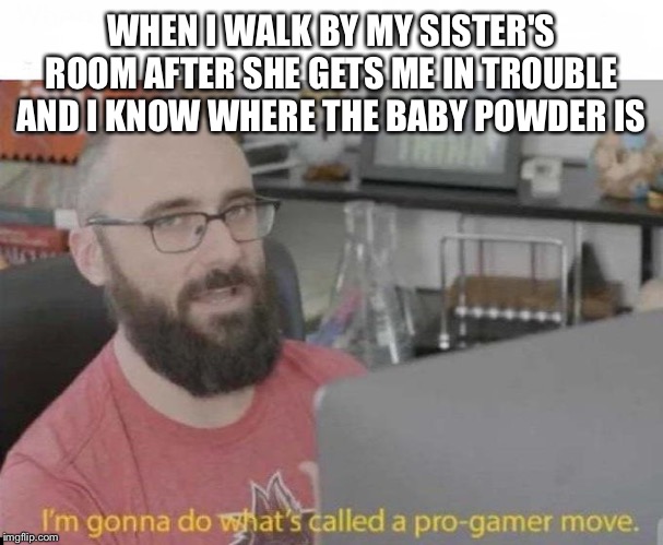 Pro Gamer move | WHEN I WALK BY MY SISTER'S ROOM AFTER SHE GETS ME IN TROUBLE AND I KNOW WHERE THE BABY POWDER IS | image tagged in pro gamer move | made w/ Imgflip meme maker