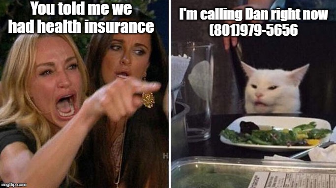 Angry lady cat | You told me we had health insurance; I'm calling Dan right now
(801)979-5656 | image tagged in angry lady cat | made w/ Imgflip meme maker