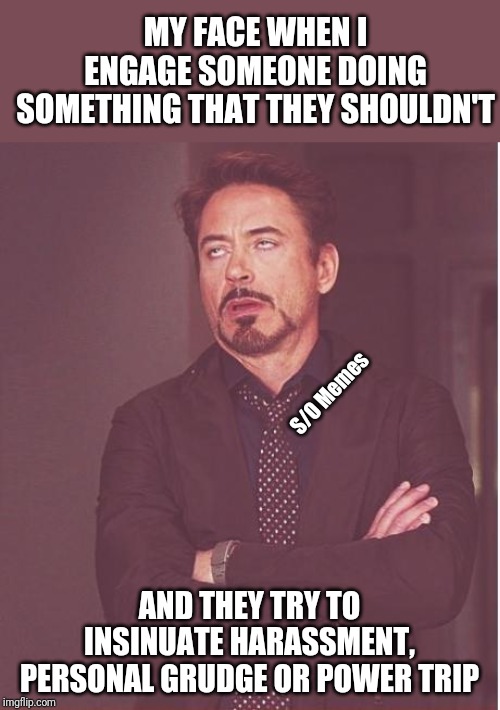 Face You Make Robert Downey Jr Meme | MY FACE WHEN I ENGAGE SOMEONE DOING SOMETHING THAT THEY SHOULDN'T; S/O Memes; AND THEY TRY TO INSINUATE HARASSMENT, PERSONAL GRUDGE OR POWER TRIP | image tagged in memes,face you make robert downey jr | made w/ Imgflip meme maker