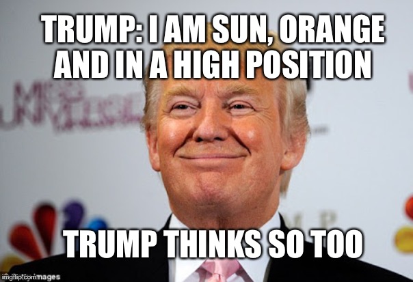 Donald trump approves | TRUMP: I AM SUN, ORANGE AND IN A HIGH POSITION; TRUMP THINKS SO TOO | image tagged in donald trump approves | made w/ Imgflip meme maker