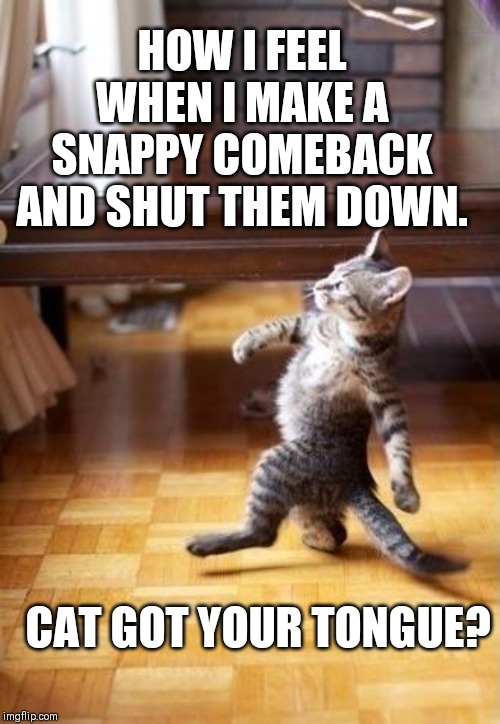 Cool Cat Stroll Meme | HOW I FEEL WHEN I MAKE A SNAPPY COMEBACK AND SHUT THEM DOWN. CAT GOT YOUR TONGUE? | image tagged in memes,cool cat stroll | made w/ Imgflip meme maker