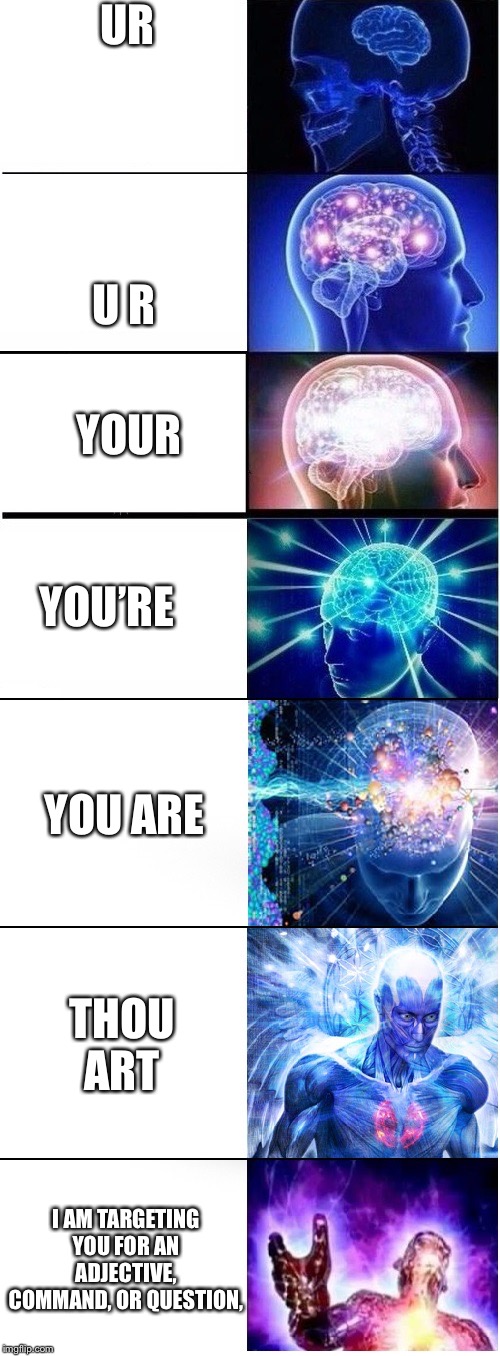 Expanding brain extended 2 | UR; U R; YOUR; YOU’RE; YOU ARE; THOU ART; I AM TARGETING YOU FOR AN ADJECTIVE, COMMAND, OR QUESTION, | image tagged in expanding brain extended 2 | made w/ Imgflip meme maker