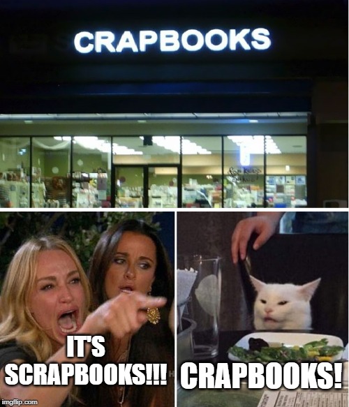 CRAPBOOKS! IT'S SCRAPBOOKS!!! | image tagged in woman yelling at cat,scrapbooks | made w/ Imgflip meme maker