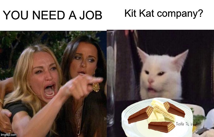 Kit Kat please | Kit Kat company? YOU NEED A JOB | image tagged in memes,woman yelling at cat | made w/ Imgflip meme maker