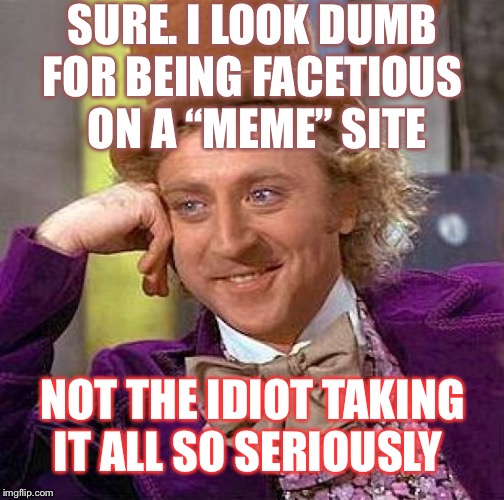 Creepy Condescending Wonka Meme | SURE. I LOOK DUMB FOR BEING FACETIOUS  ON A “MEME” SITE NOT THE IDIOT TAKING IT ALL SO SERIOUSLY | image tagged in memes,creepy condescending wonka | made w/ Imgflip meme maker